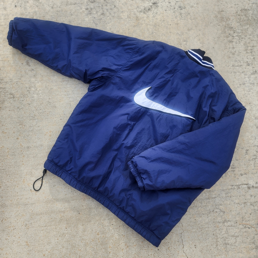 Vtg 90s Nike Big Swoosh Black Blue‎ Reversible Full Zip Puffer Jacket Mens XL